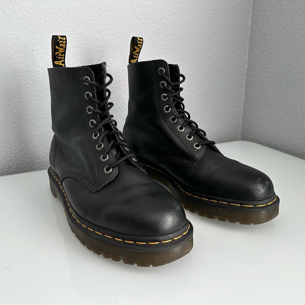 Dr. Martens Black Leather Lace-Up Platform Boots with Yellow Stitching